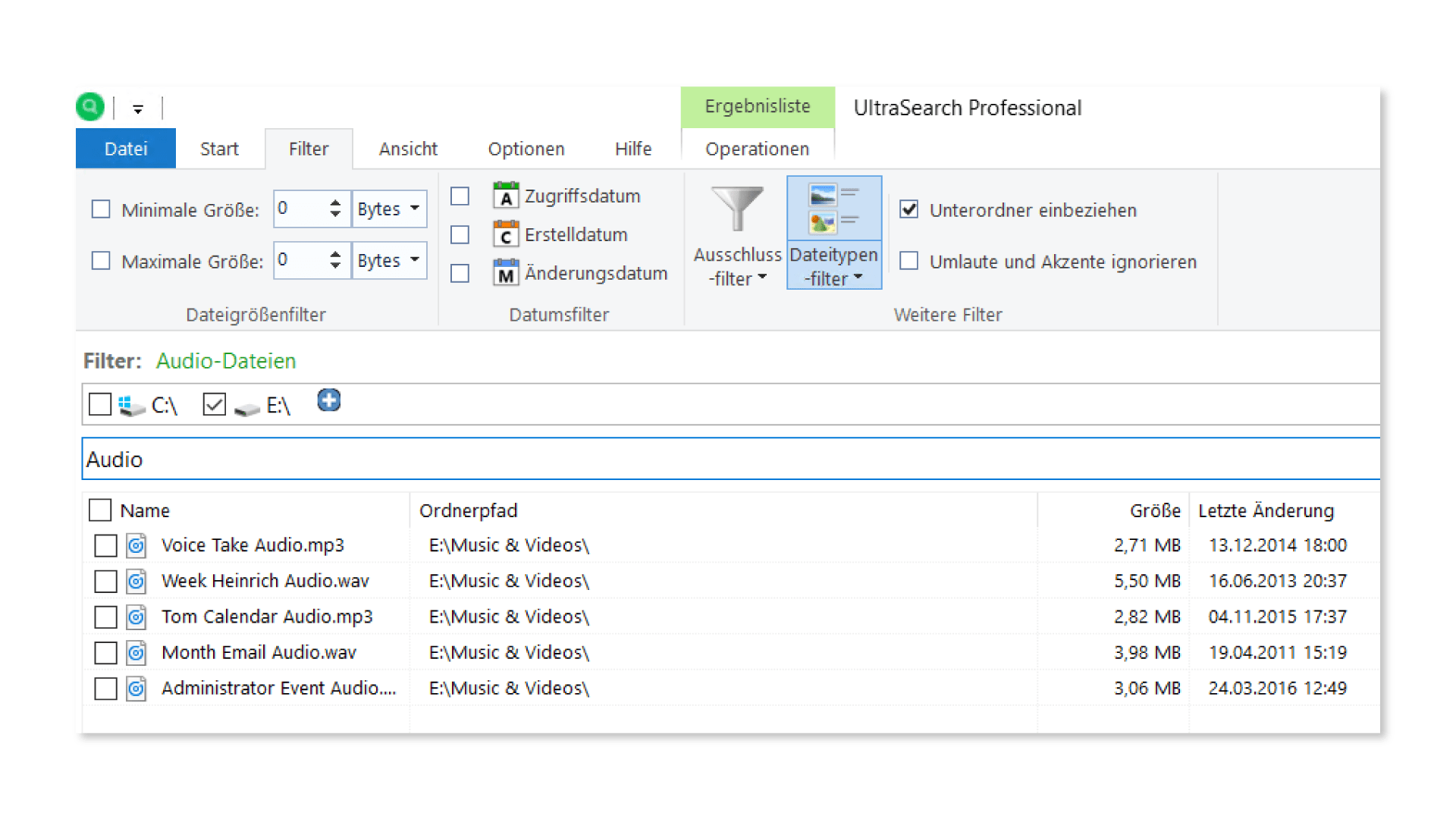 UltraSearch Professional Dateitypenfilter