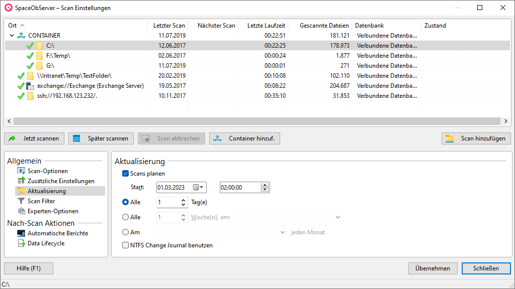 Screenshot SpaceObServer zeigt den Dialog "Scaneinstellungen"