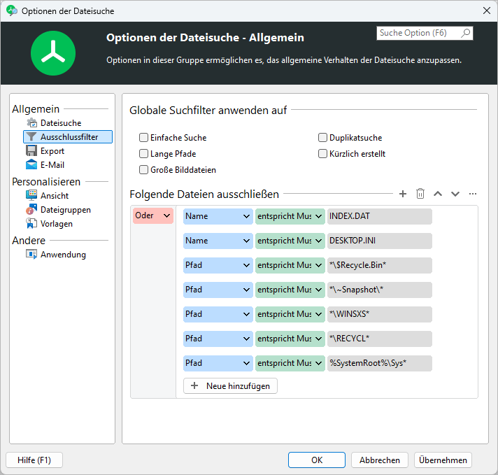 Screenshot TreeSize zeigt den Optionendialog für die Dateisuche